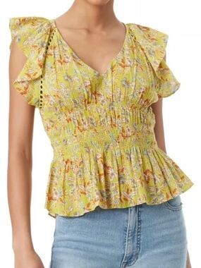 Sam Edelman Yellow Floral Smocked Flutter Sleeve Top
